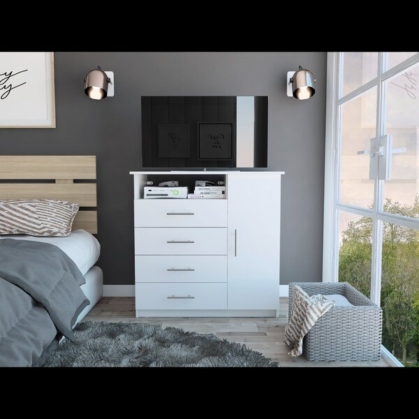 Tuhome Peru 4 Drawer Dresser, Single Door Cabinet, One Open Shelf, Superior Top, White - CLB5547
