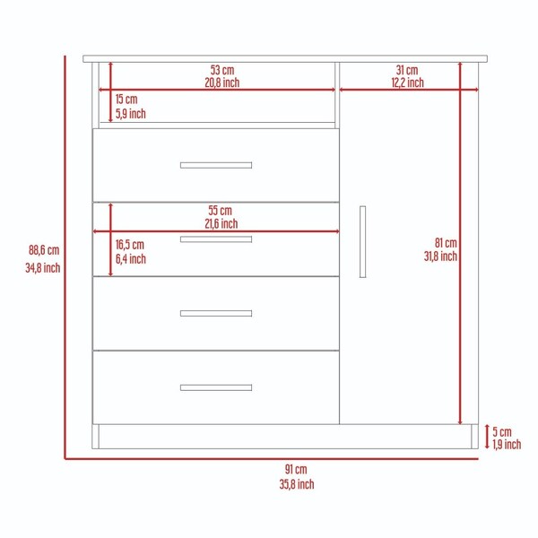 Tuhome Peru 4 Drawer Dresser, Single Door Cabinet, One Open Shelf, Superior Top, White - CLB5547