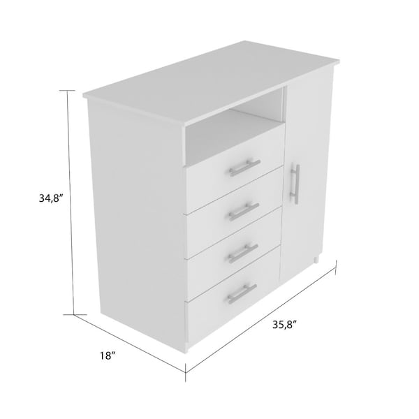 Tuhome Peru 4 Drawer Dresser, Single Door Cabinet, One Open Shelf, Superior Top, White - CLB5547