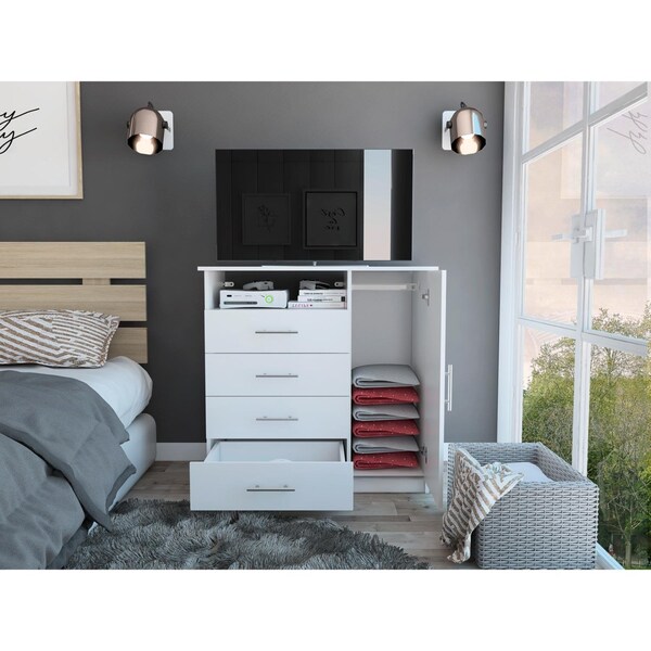 Tuhome Peru 4 Drawer Dresser, Single Door Cabinet, One Open Shelf, Superior Top, White - CLB5547