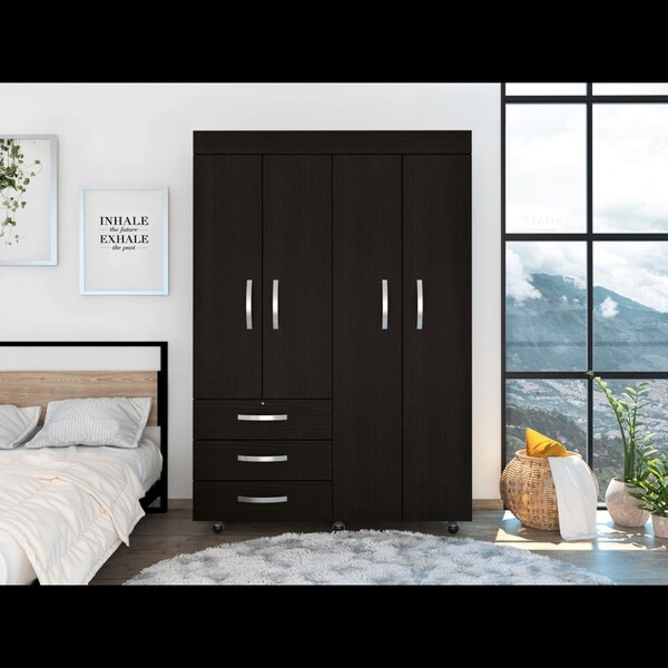 Tuhome Denver Adjustable Armoire, Rods, Double Door Cabinet, Three Drawers, Two Shelves, Black - CLW5948