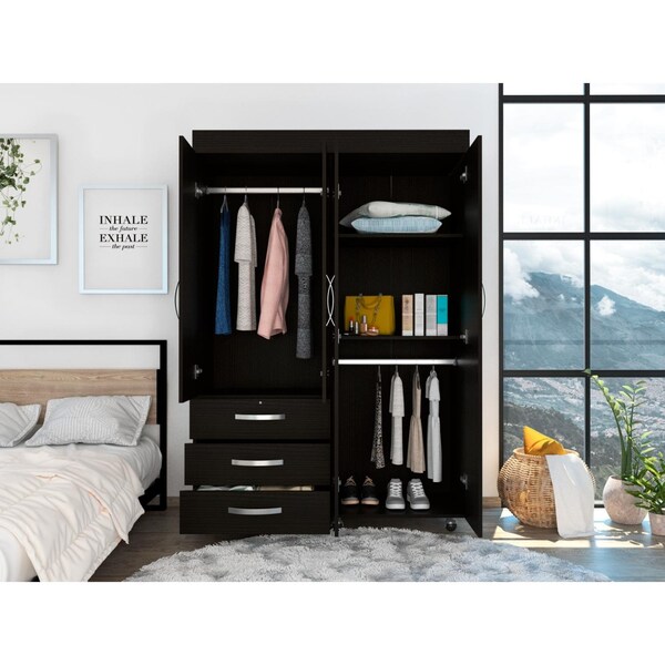 Tuhome Denver Adjustable Armoire, Rods, Double Door Cabinet, Three Drawers, Two Shelves, Black - CLW5948