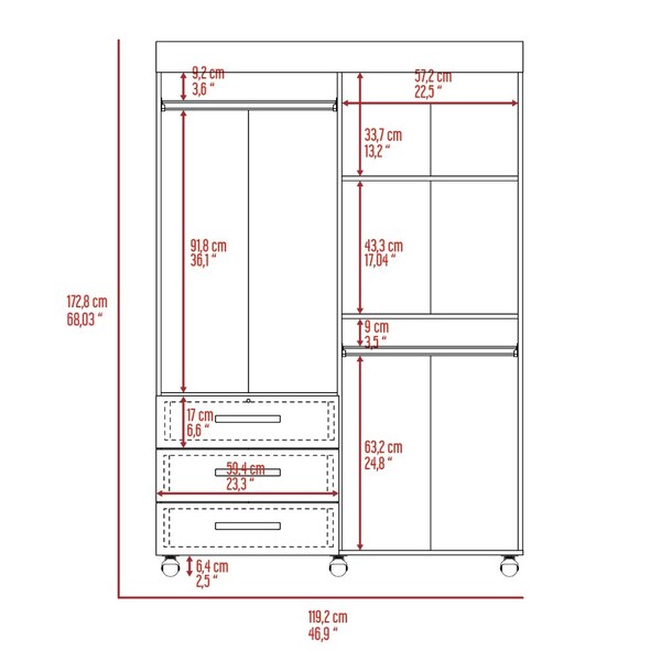 Tuhome Denver Adjustable Armoire, Rods, Double Door Cabinet, Three Drawers, Two Shelves, Black - CLW5948