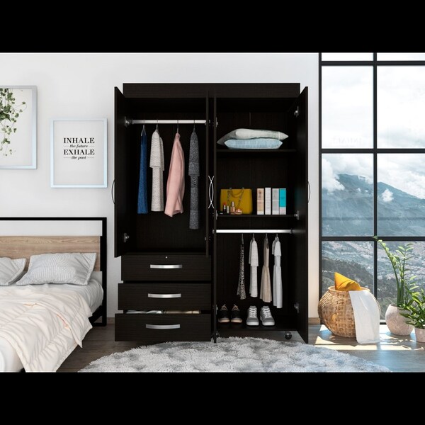 Tuhome Denver Adjustable Armoire, Rods, Double Door Cabinet, Three Drawers, Two Shelves, Black - CLW5948