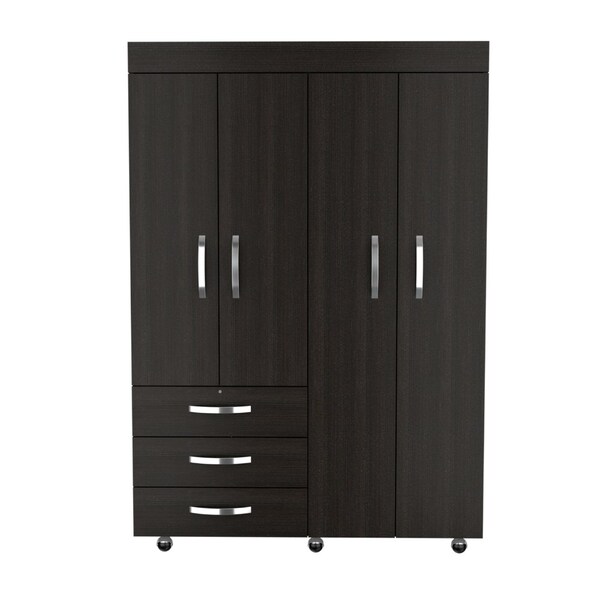 Tuhome Denver Adjustable Armoire, Rods, Double Door Cabinet, Three Drawers, Two Shelves, Black - CLW5948