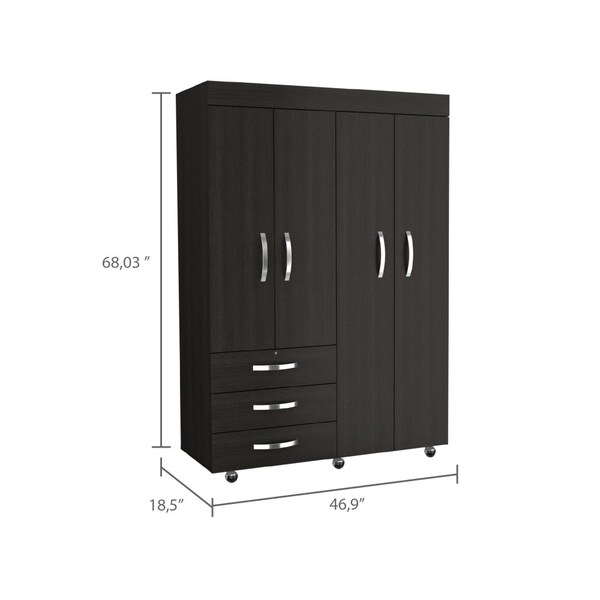 Tuhome Denver Adjustable Armoire, Rods, Double Door Cabinet, Three Drawers, Two Shelves, Black - CLW5948