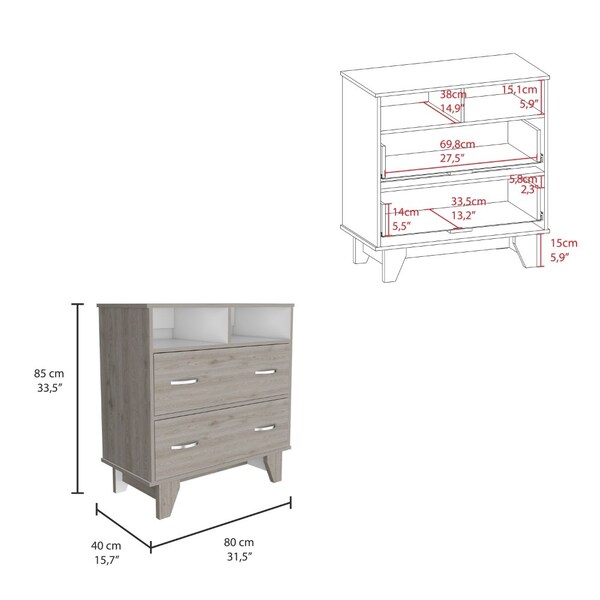 Tuhome Portanova Two Drawer Dresser, Two Open Shelves, Superior Top, Four Legs, Light Gray/White - CZB6740
