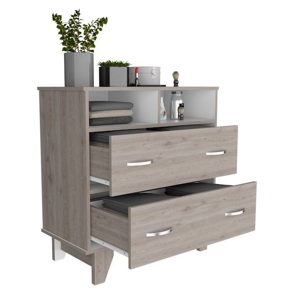 Tuhome Portanova Two Drawer Dresser, Two Open Shelves, Superior Top, Four Legs, Light Gray/White - CZB6740
