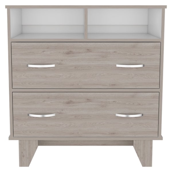 Tuhome Portanova Two Drawer Dresser, Two Open Shelves, Superior Top, Four Legs, Light Gray/White - CZB6740