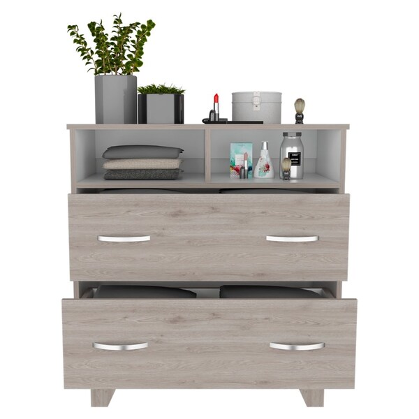 Tuhome Portanova Two Drawer Dresser, Two Open Shelves, Superior Top, Four Legs, Light Gray/White - CZB6740