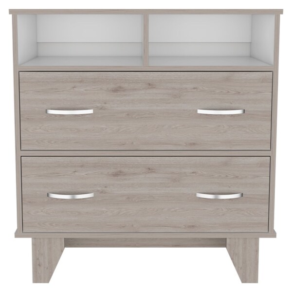Tuhome Portanova Two Drawer Dresser, Two Open Shelves, Superior Top, Four Legs, Light Gray/White - CZB6740