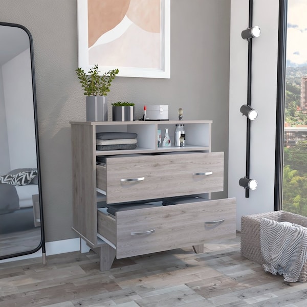 Tuhome Portanova Two Drawer Dresser, Two Open Shelves, Superior Top, Four Legs, Light Gray/White - CZB6740
