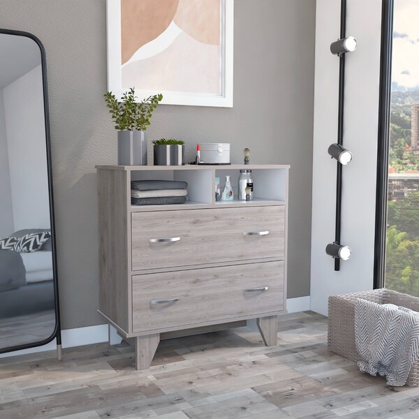 Tuhome Portanova Two Drawer Dresser, Two Open Shelves, Superior Top, Four Legs, Light Gray/White - CZB6740