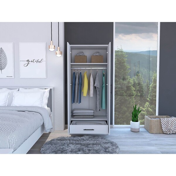 Tuhome Ambery 180 Armoire, Two Shelves, Double Door, Metal Rod, One Drawer, White - CLB5947