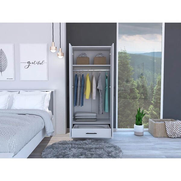 Tuhome Ambery 180 Armoire, Two Shelves, Double Door, Metal Rod, One Drawer, White - CLB5947