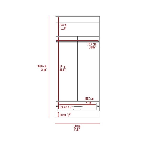 Tuhome Ambery 180 Armoire, Two Shelves, Double Door, Metal Rod, One Drawer, White - CLB5947