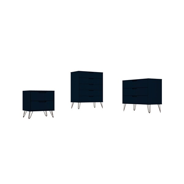 Manhattan Comfort Rockefeller 5-Drawer Dresser, 3-Drawer Dresser and 2-Drawer Nightstand in Tatiana Midnight Blue - 177GMC4