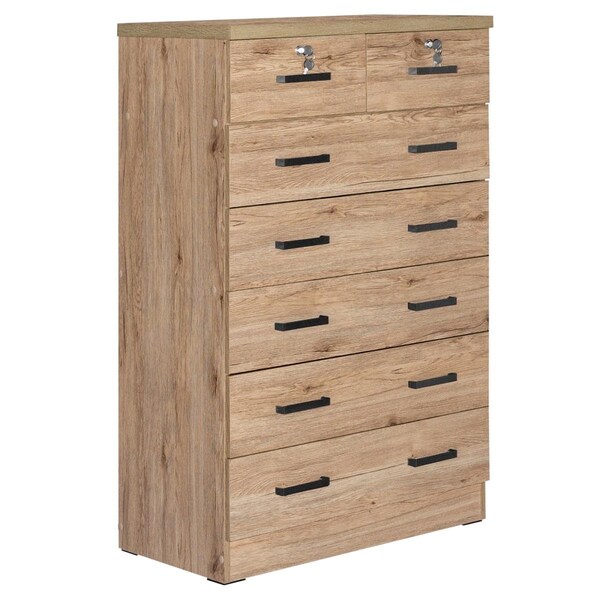 Better Home Products Cindy 7 Drawer Chest Wooden Dresser with Lock, Natural Oak - WC-7-NOK
