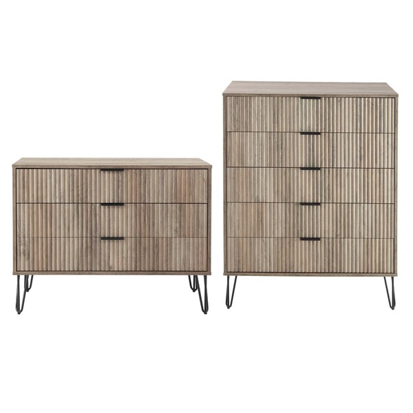Manhattan Comfort 2-Piece DUMBO  5-Drawer Tall Dresser and DUMBO 3-Drawer Standard Dresser in Rustic Grey - 2-DB05-GY