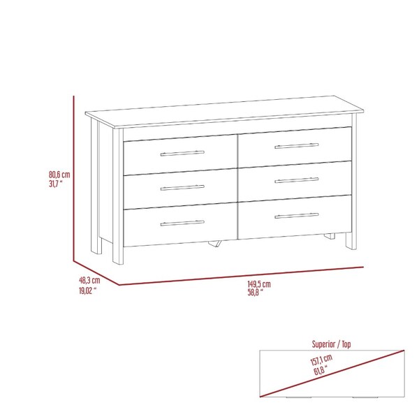 Tuhome Hms 6 Drawer Double Dresser, Four Legs, Superior Top, White - CLB5980