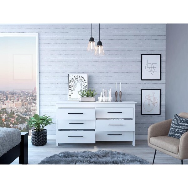 Tuhome Hms 6 Drawer Double Dresser, Four Legs, Superior Top, White - CLB5980