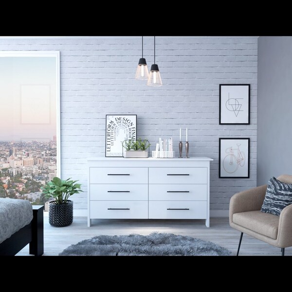 Tuhome Hms 6 Drawer Double Dresser, Four Legs, Superior Top, White - CLB5980