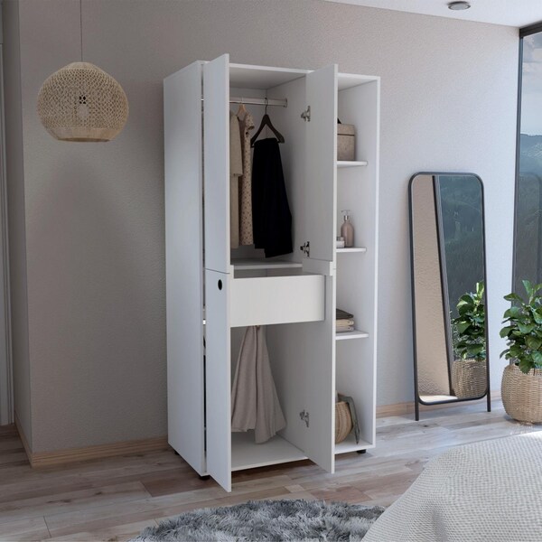 Tuhome Misuri Wardrobe Armoire with Double Door. Drawer. Metal Rods. and Open Shelves-White - CLB9088