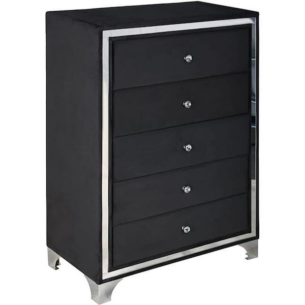 Better Home Monica Velvet Upholstered 5 Drawer Chest Dresser, Black - MONICA-CHST-BLK