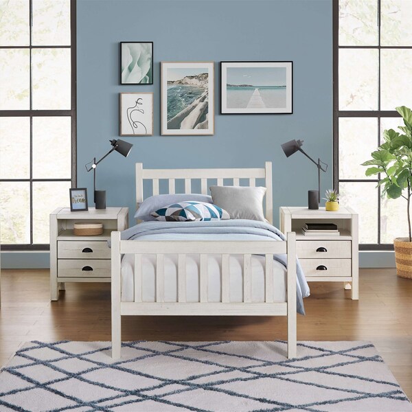Alaterre Furniture Windsor 3-Piece Wood Bedroom Set with Slat Twin Bed and 2 Nightstands, White - ANWI1031R4