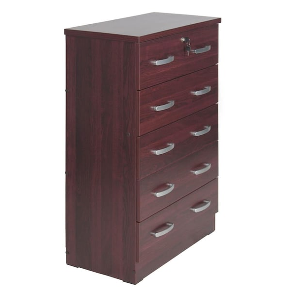 Better Home 44 x 29 x 16 in. Cindy 5 Drawer Chest Wooden Dresser with Lock, Mahogany - 673400596512