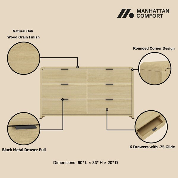 Manhattan Comfort Grace 60in Double Dresser in Natural Oak and Black - DR009-NO
