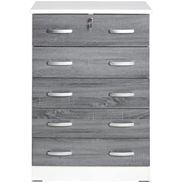 Kd Muebles De Dormitorio WC5-Wht-Gry Cindy 5 Drawer Chest Wooden Dresser with Lock, White & Gray - KD2831280