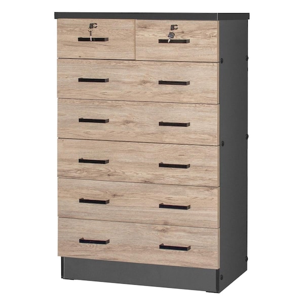 Better Home Products Cindy 7 Drawer Chest Wooden Dresser, Natural Oak & Dark Gray - WC-7-NOK-DGRY