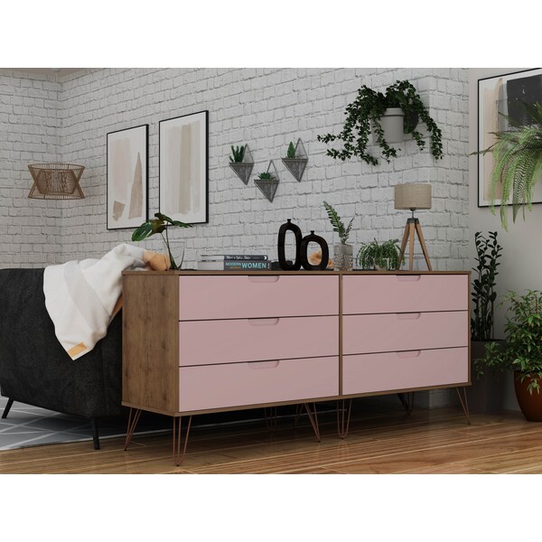 Manhattan Comfort Rockefeller 6-Drawer Double Low Dresser in Nature and Rose Pink - 155GMC6