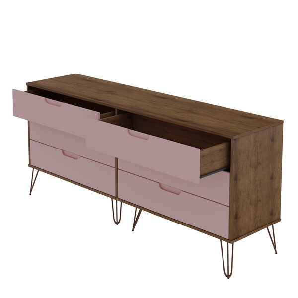 Manhattan Comfort Rockefeller 6-Drawer Double Low Dresser in Nature and Rose Pink - 155GMC6