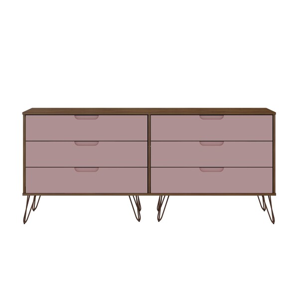 Manhattan Comfort Rockefeller 6-Drawer Double Low Dresser in Nature and Rose Pink - 155GMC6