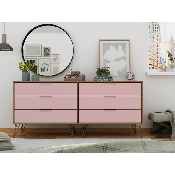 Manhattan Comfort Rockefeller 6-Drawer Double Low Dresser in Nature and Rose Pink - 155GMC6