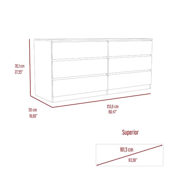Tuhome Asteria 6 Drawer Double Dresser, Metal Handles, White - CLB5955