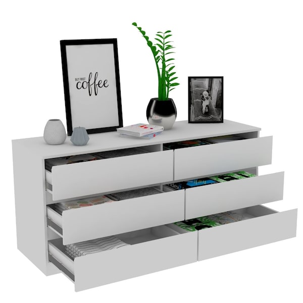 Tuhome Asteria 6 Drawer Double Dresser, Metal Handles, White - CLB5955