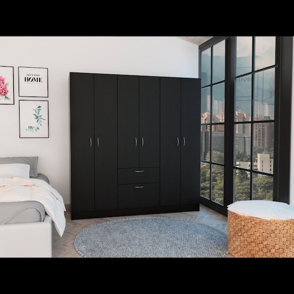 Tuhome Mitu Six Doors Armoire, Seven Interior Shelves, One Drawer, Rod, Black/White - CLW5954
