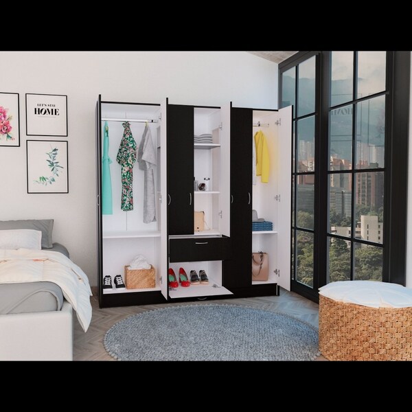 Tuhome Mitu Six Doors Armoire, Seven Interior Shelves, One Drawer, Rod, Black/White - CLW5954
