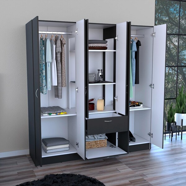 Tuhome Mitu Six Doors Armoire, Seven Interior Shelves, One Drawer, Rod, Black/White - CLW5954
