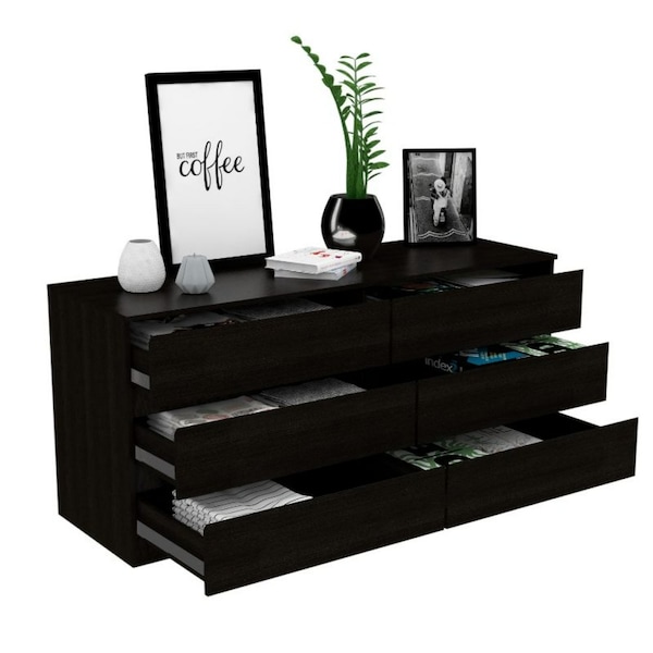 Tuhome Asteria 6 Drawer Double Dresser, Metal Handles, Black - CLW5956