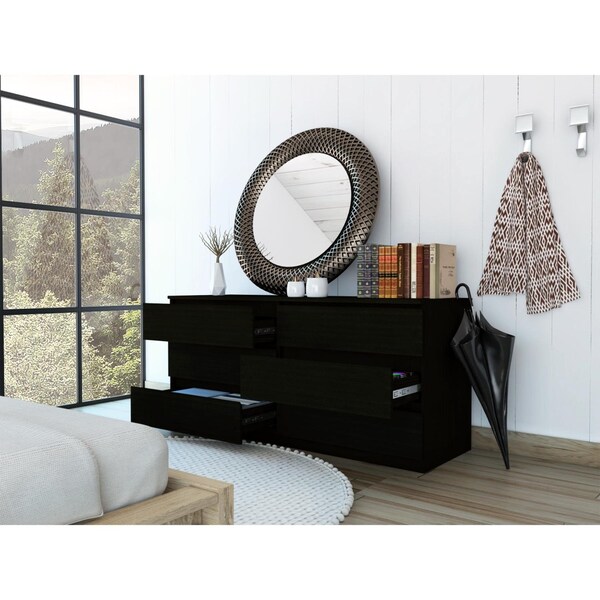 Tuhome Asteria 6 Drawer Double Dresser, Metal Handles, Black - CLW5956