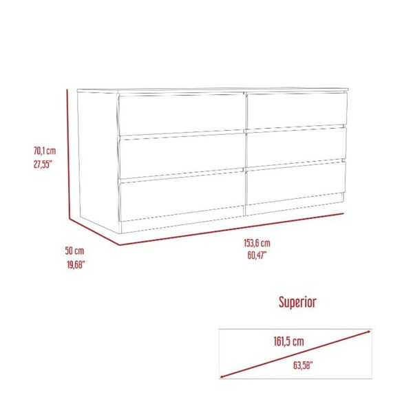 Tuhome Asteria 6 Drawer Double Dresser, Metal Handles, Black - CLW5956