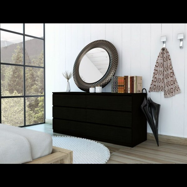 Tuhome Asteria 6 Drawer Double Dresser, Metal Handles, Black - CLW5956
