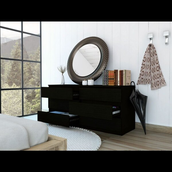 Tuhome Asteria 6 Drawer Double Dresser, Metal Handles, Black - CLW5956