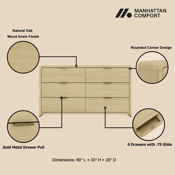 Manhattan Comfort Grace 60in Double Dresser in Natural Oak and Gold - DR009-GNO