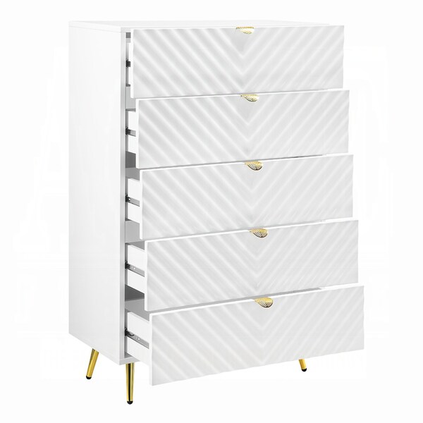 Acme 5 Drawers Dresser with Gold Legs in White for Bedroom - ER-0238WH