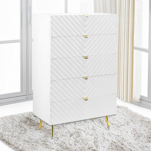 Acme 5 Drawers Dresser with Gold Legs in White for Bedroom - ER-0238WH